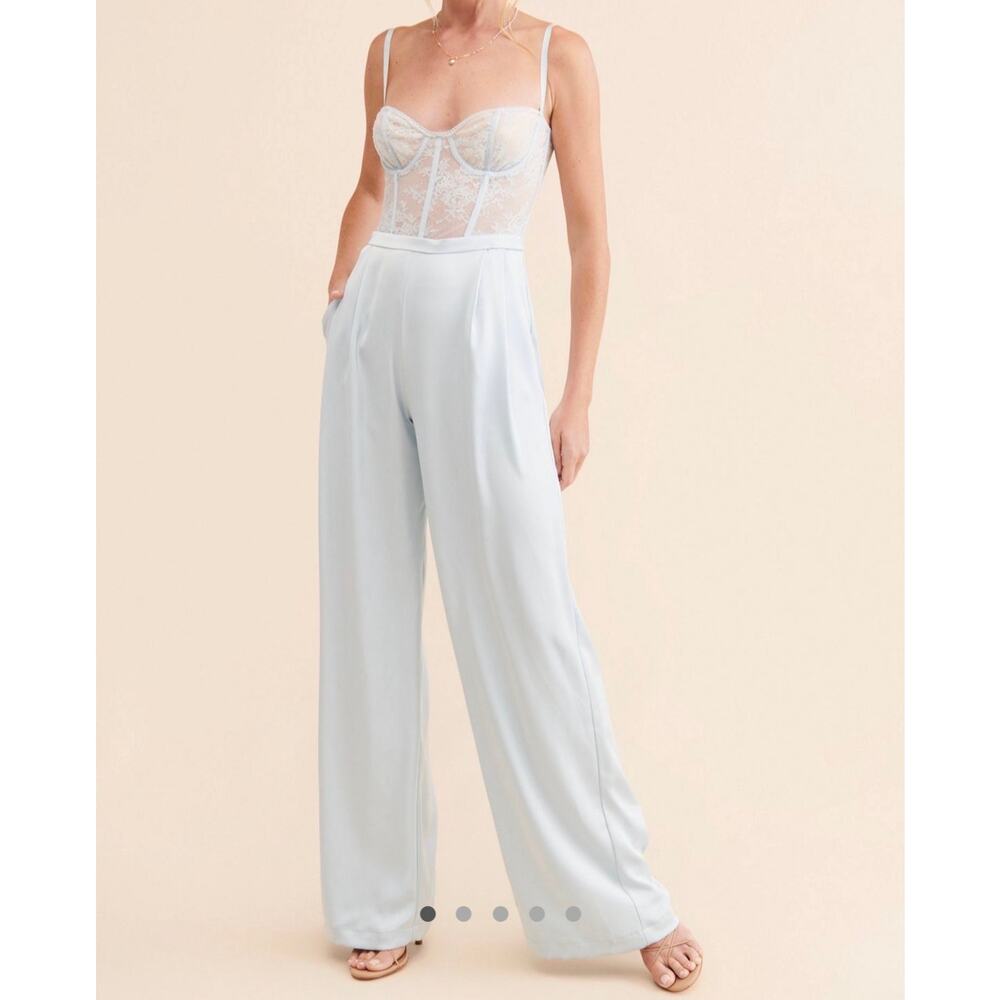 Katie May Tink Lace Bodice Jumpsuit Blue Satin Wide Leg Size M